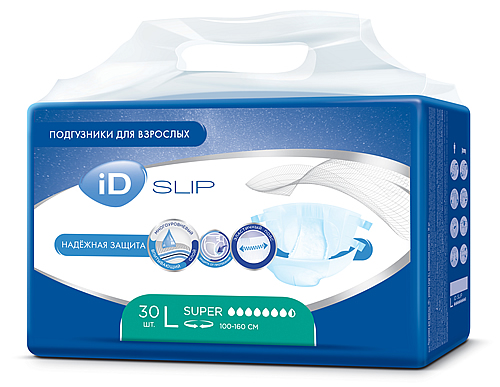 Внешний вид упаковки подгузников для взрослых iD Slip (на фото - размер large 100-160 см)