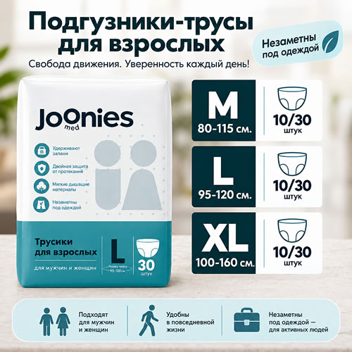 Анатомическая конструкция и размерная сетка впитывающих трусов Joonies Med