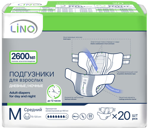 Внешний вид упаковки подгузников для взрослых LINO